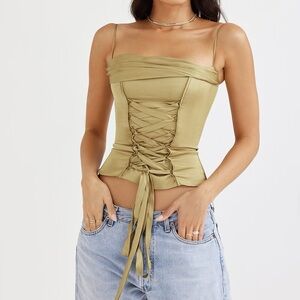 House of CB Olive Satin Lace Up Corset Size L NWOT